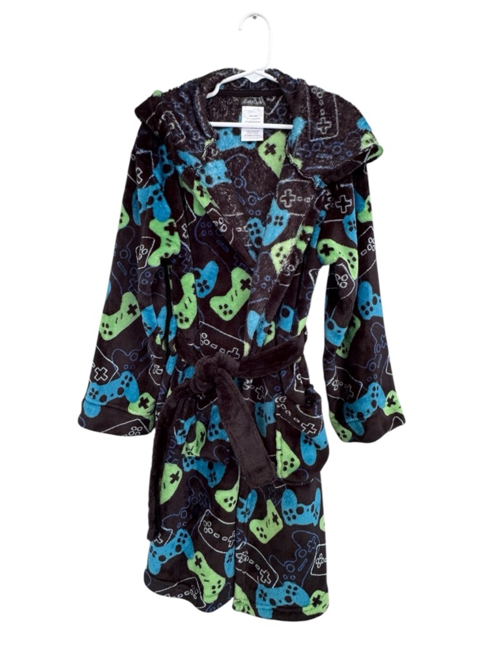 Kids Plush Robe with Game Controller Print - Blue & Green